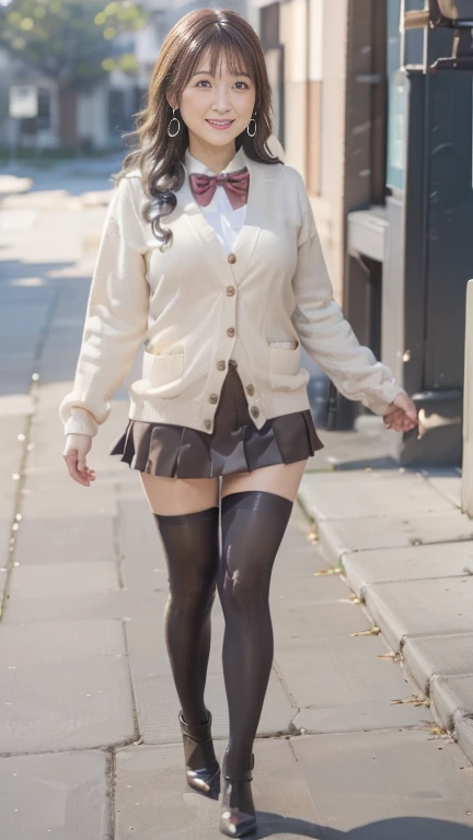 full body shot, from below,  Japanese woman with a viewing angle of, 78 years old,  detailed face , Facial wrinkles, Wrinkles around the eyes, smile,  detailed skin texture,  white skin,  heavy makeup ,  long hair, (curvy body, saggy breasts,  plump thighs), (earrings,  necklace, red bowtie, brown cardigan, red skirt, pleated skirt, micro miniskirt:1.2), (black thighhighs,  is wearing high heels:1.2), ( sidewalk,  photograph the whole body from toe to head:1.2), (surrealism, best quality, ultra detailed, absolutely resolution, 8k, anatomically correct), depth of field, looking at viewer, tachi-e, (kz), (1woman), full body,  detailed face  