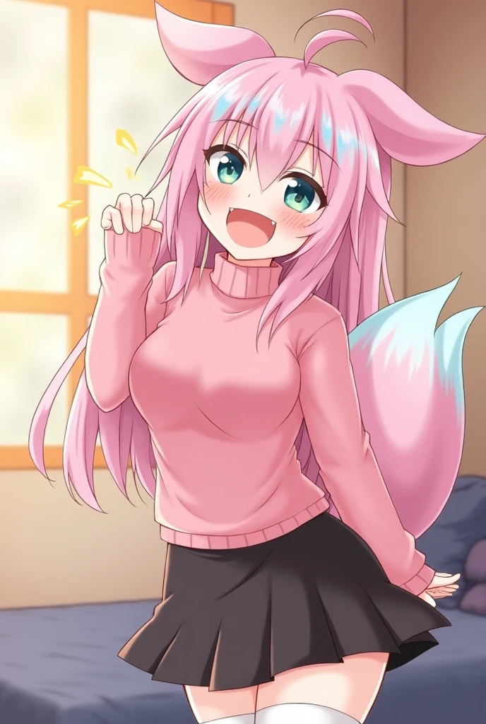 (Masterpiece) (High Detail) (High Res) a short petite humanoid girl with pale human skin, bright turquoise-coloured eyes, long pink hair in a braid and large fluffy pink dog ears and a big fluffy pink dog tail and average breasts wearing just a baggy oversized white t-shirt and holding up her middle finger to the viewer, and poking out her tongue. Pink Hair. Pink Tail.