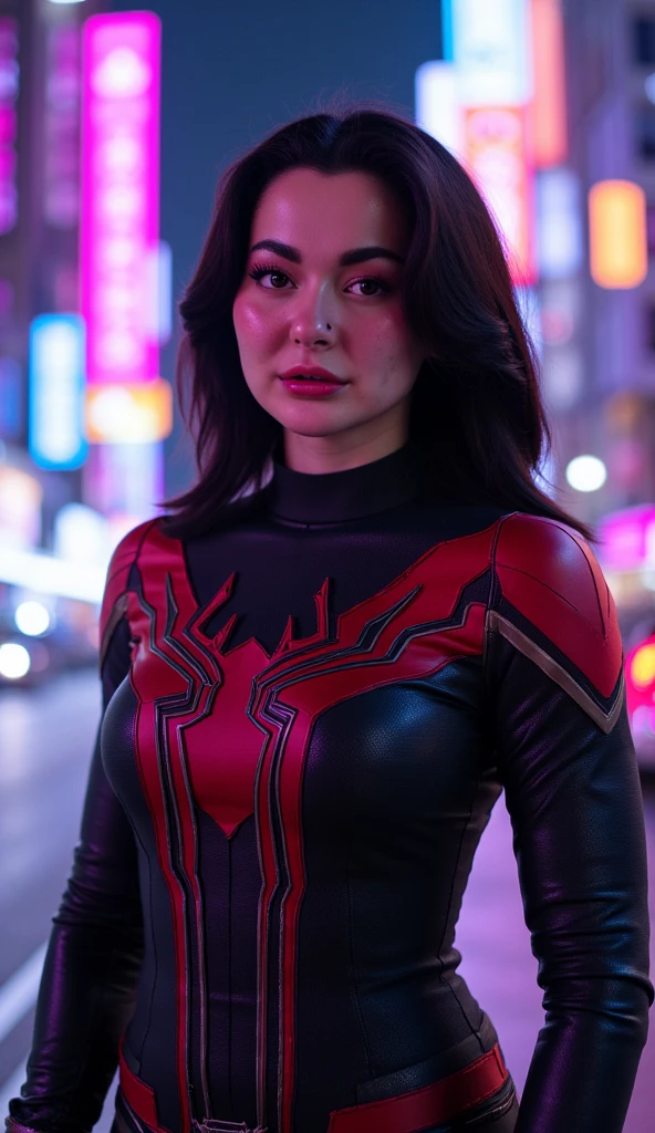 Hania Amir in spider gwen costume, (black hair), HD, remastered, HQ, 4K quality, cyberpunk cityscape, The very sexy spider gwen with her neckline outfit 