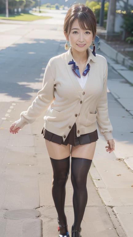 full body shot, from below,  Japanese woman with a viewing angle of, 78 years old,  detailed face , Facial wrinkles, Wrinkles around the eyes, smile,  Detailed Skin Textures ,  white skin,  heavy makeup ,  long hair, (curvy body, saggy breasts,  plump thighs), (earrings,  necklace, red bowtie, brown cardigan, red skirt, pleated skirt, micro miniskirt:1.2), (black thighhighs,  is wearing high heels:1.2), ( sidewalk,  photograph the whole body from toe to head:1.2), (surrealism, best quality, ultra detailed, absolutely resolution, 8k, anatomically correct), depth of field, looking at viewer, tachi-e, (kz), (1woman), full body,  detailed face 
