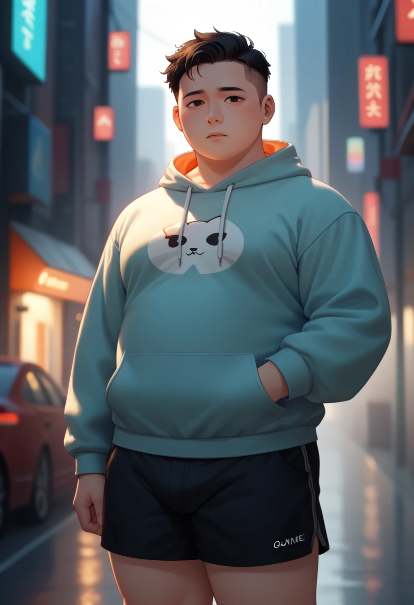 Dragon,male, adult, chubby,round belly,yaoi, doujin,wearing stylish sweatshirt, Shorts, cyberpunk big city, summer vibes, detail background, out view scale, pixiv artwork,hd,4k, colour full, smooth lighting, Ghibli style,artwork by quanjiang, by chunie, by quanjiang,