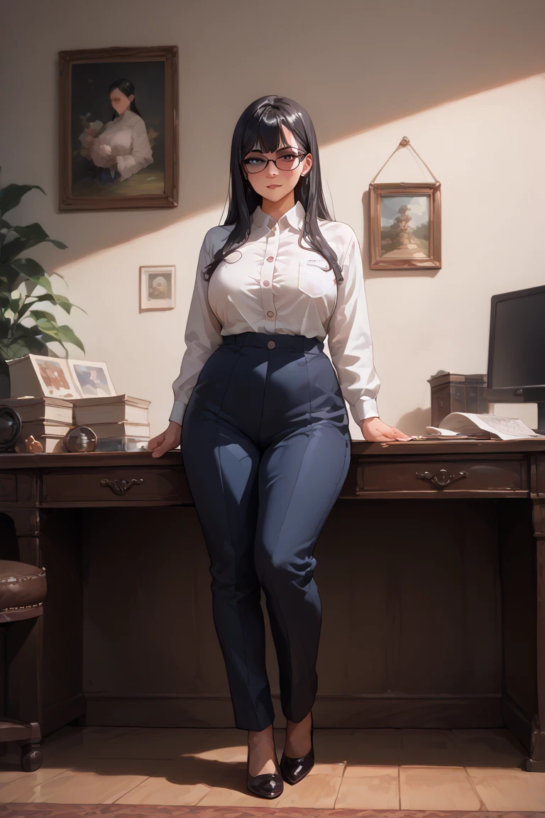 OL　 Japanese　Older sister face　 wearing black glasses　Fair skin　 black hair　 long hair　 straight　 big bust　 big body 　 wearing a white shirt 　Putty buttons　 wearing a dark blue suit 　Inside the office　Full body painting　 highest image quality taken by Ki