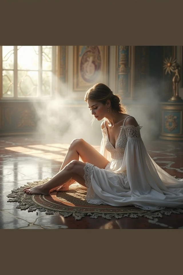Sophia Lillis, plump body, long braided hair, fantasy room, fantasy picture, translucent clothes, bare feet