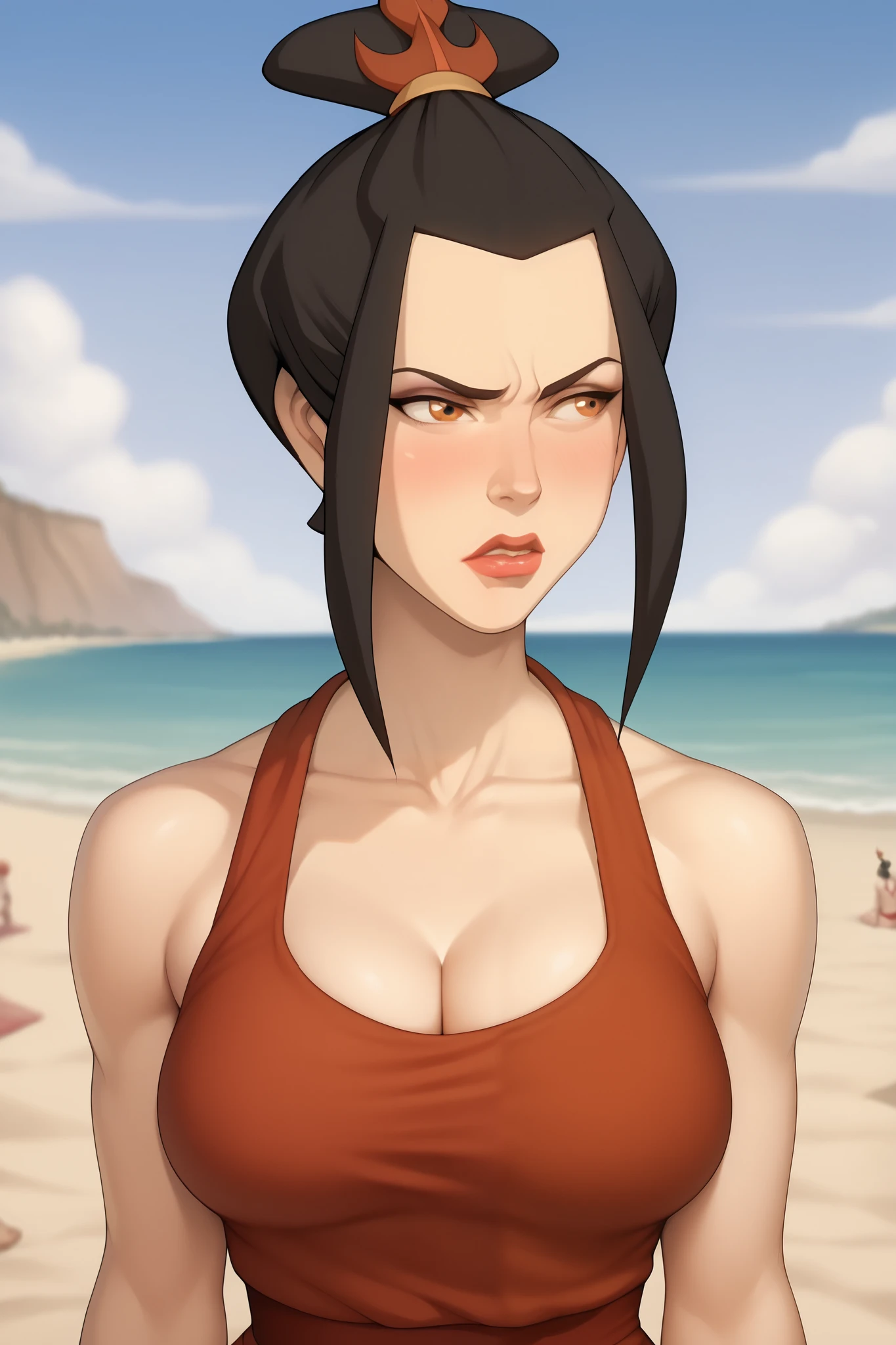      Masterpiece  ,      Best Quality    ,  a girl ,solo a girl, Azula  ,    beautiful and sexy body   , big bust , delgado, (  Gym Wear , gym holder   ),  Striking and sexy bust showing part of the breasts ,    black hair ,  pose sensual, EROTICA,     Simple Background  ,      on the beach  , ,  image showing only the breasts up to the top,  blushed, shy.