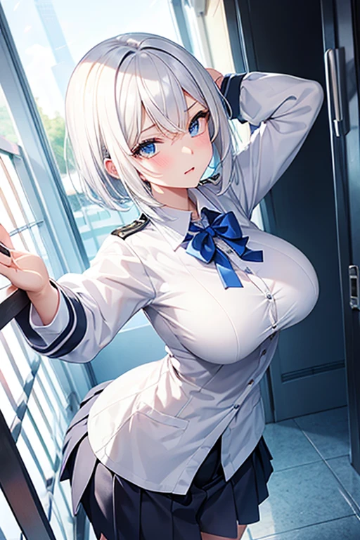  gal、boyish handsome girl、 penetrates 、 has big breasts、 school uniform、White Hair、 Light Blue Eyes 、Narrow, sharp eyes、corridor