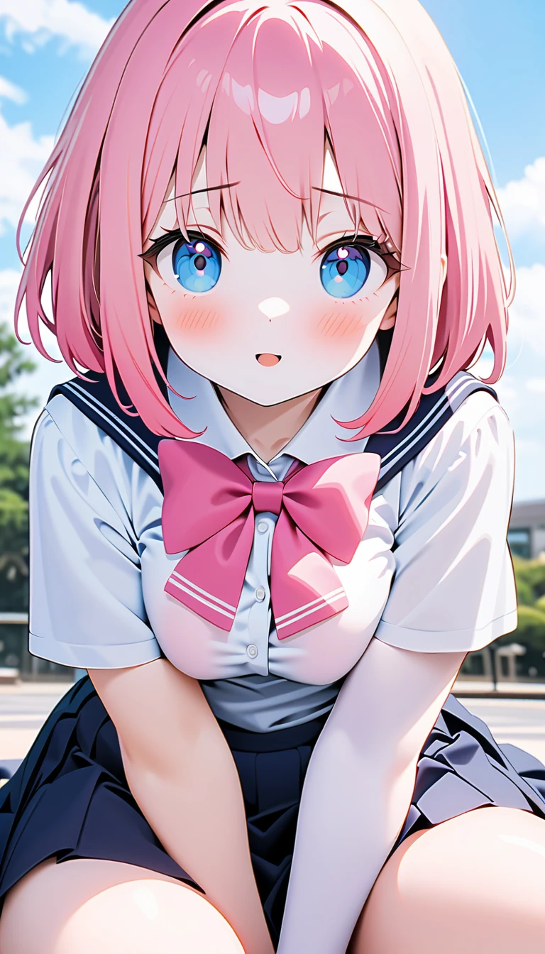 (1 girl),(Best Picture Quality, 8K, Masterpiece:1.3), (high  student:1.5), (pink lob hair:1.1), [skyblue hair:0.1], (bob cut),(swept bangs), (cute eyes, pupil black, iris skyblue, youthful face), (mole under right eye), (standard weight), (small breasts), (glistening skin:1.1),(pale skin:1.2), ((serafuku, white sailor short sleeve simple shirt, darkblue skirt, darkblue sailor collar, pink ribbon)).