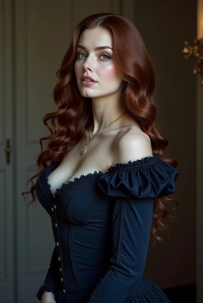 an 18 year old girl with long red hair, heterochromatic eyes, pale skin, big chest, wearing a black dress combined with a flawless pink blouse, with a more elegant and sophisticated touch, something that matches his mysterious and strong personality. In general, its appearance would be striking, attract curious and intrigued glances, big chest, cinematic lighting, chromatic aberration, backlighting, Masterpiece, High details, high quality, 4k.