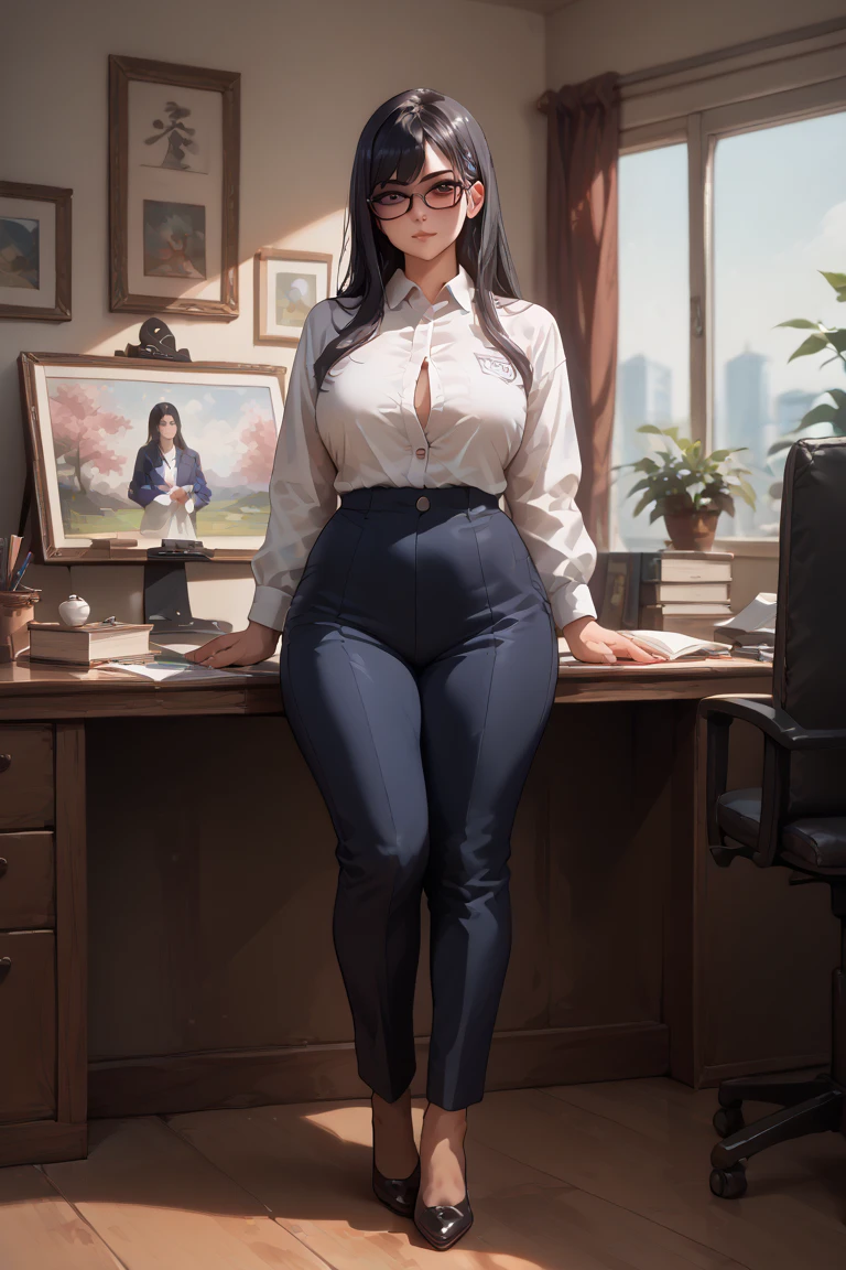 OL　 Japanese　Older sister face　 wearing black glasses　Fair skin　 black hair　 long hair　 straight　 big bust　 big body 　 wearing a white shirt 　Putty buttons　 wearing a dark blue suit 　Inside the office　Full body painting　 highest image quality taken by Ki