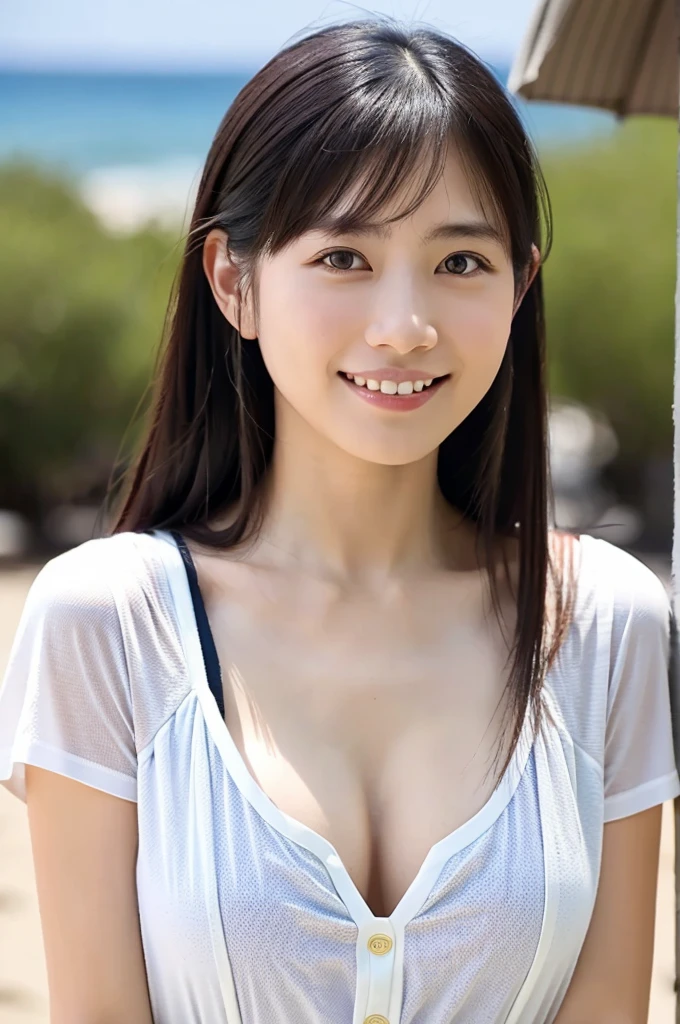 (masterpiece, best quality, perfect anatomy, highres, 8k, realistic, photorealistic, natural skin texture, no makeup:1.2), 1girl, solo, Japanese, age20, female university student, very cute, shy smile, (large breasts:1.2), (perfect figure1.2), white T-shirt, denim mini skirt, summer, beach, Hawaii, sun lighting, cowboy shot, inugao