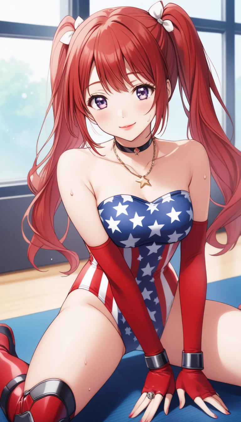 source_anime, digital illustration, uncensored,1girl, solo, female, airi sakura, red hair, long hair, purple eyes, twintails, bare eyes(no glasses), rouge lips,make up face ,ring costume, Stars and Stripes costume ,onepiece strapless swimwear costume ,necklace ,choker, Knee pads ,Elbow gloves, long boots , in school gym, closed eyes,smile ,sitting on mat,wariza ,sweat ,peace sign