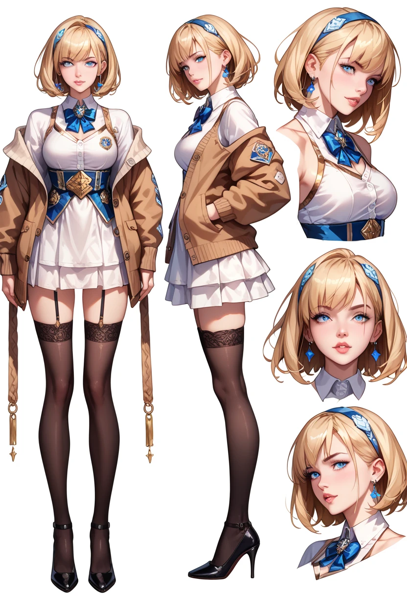 (( masterpiece fails,   background of the highest quality )),   detailed face,   character design  ,   full height,   1girl,   light blue eyes  ,   concept art long blond hair ,   blonde  ,   short hair , ((  long straight hair  )), (   tight military white dress, Mini-skirt, lots of belts, cardigan,  black stockings ,   ulybka, gold and sapphire theme  ,   pale skin vomited,  full of details   ,  Lots of poses and expressions  ,   very detailed  , depth, many parts