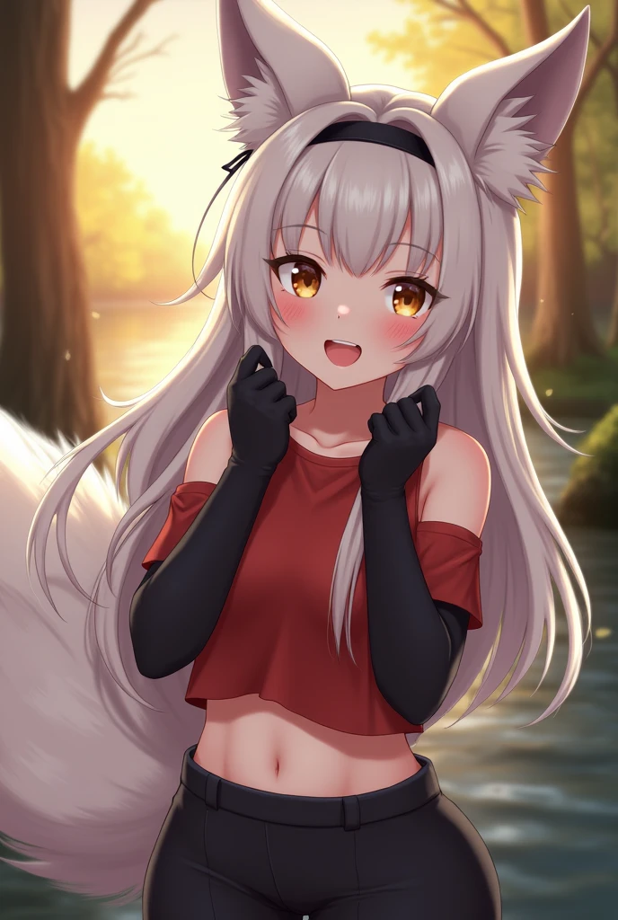 Nazuna Hiwatashi, 1人, al fresco, Solo, viollete Haare, body fur, wolfsohren, wolfsschwanz, high-res, bekleidet, pelzig, scharfer Fokus, Hose, bunt, upper body, violett lila farbe, shy, cute