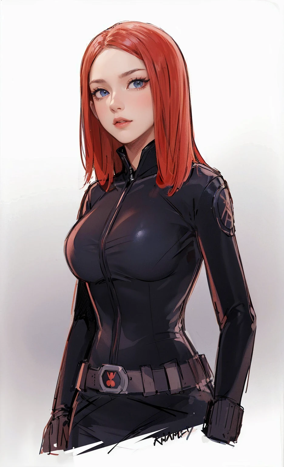The image depicts Black Widow. She is illustrated with bright red, shoulder-length hair and blue eyes, and is clad in a sleek skin-tight shiny black latex bodysuit with a black silver zipper running down the front. The suit is complemented by her shiny iron wrist guard on both wrists and a metal belt with a buckle that features a red hourglass mark. Her gaze is intent and directed off-screen, implying alertness and focus on an unseen threat or target. She appears with a cute smile on her face. The atmosphere of the image conveys confidence and resilience, characteristics synonymous with the Black Widow persona. The background of the image is an off-white color, which creates a subdued and timeless ambiance.