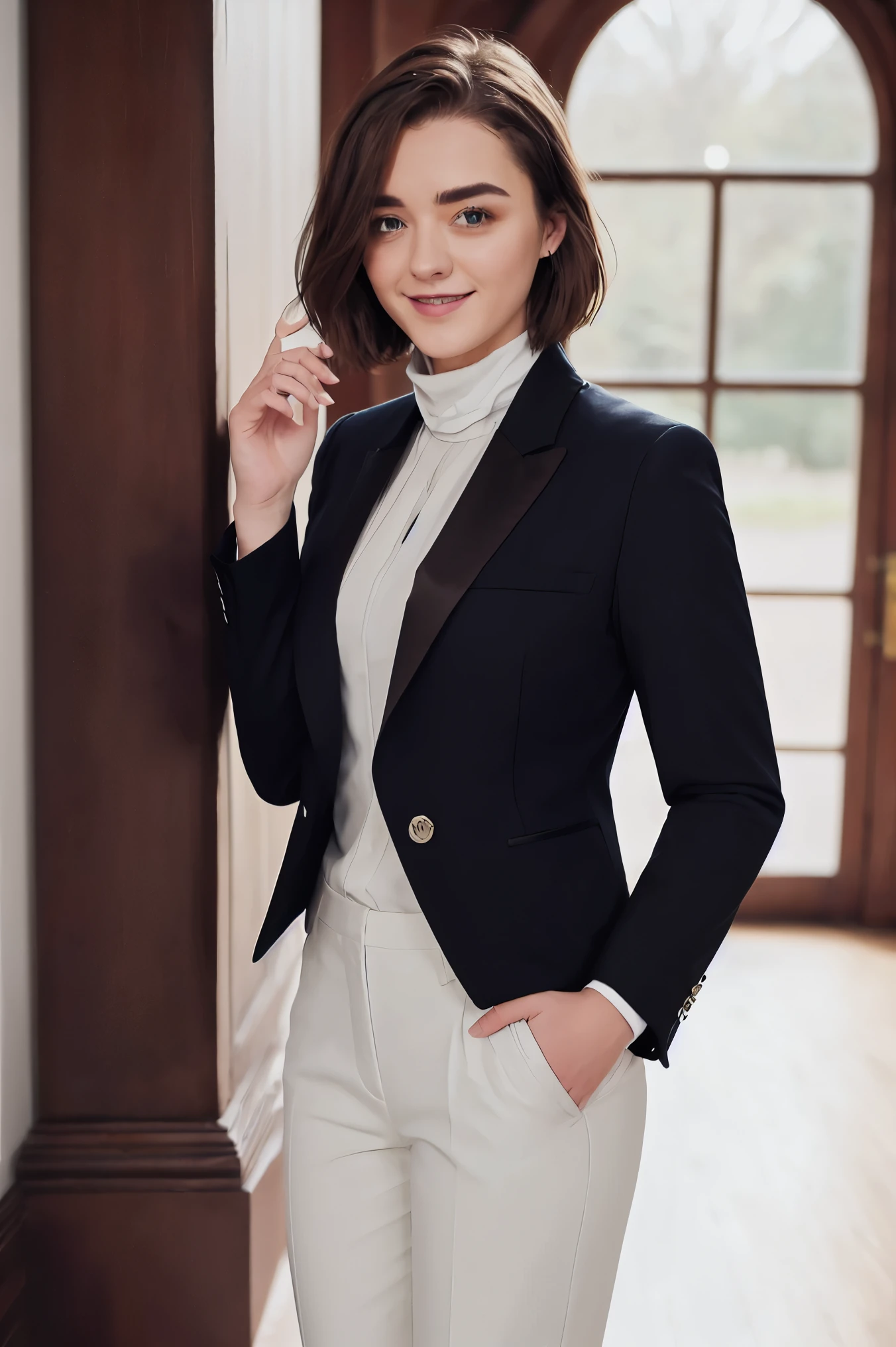 m41s13w, face, turtleneck woman in formal attractive suit tuxedo tailcoat standing in a large alcove in the room, 1girl, solo, necktie, brown hair, , medium hair, smile, jacket, looking at viewer, shirt, pants, blue necktie, collared shirt, white pants, white shirt, indoors, bangs, long sleeves, closed mouth, window, black jacket, blush, cowboy shot, formal, suit