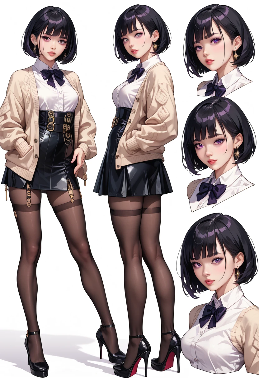 (( masterpiece fails,   background of the highest quality )),   detailed face,   character design  ,   full height,   1girl,  Asian appearance, dark eyes ,   black hair ,   short hair , ((  long straight hair  )), (   tight military white dress, Mini-skirt, lots of belts, cardigan,  black stocking,   ulybka, gold and amethyst theme  ,   pale skin vomited,  full of details   ,  Lots of poses and expressions  ,   very detailed  , depth, many parts