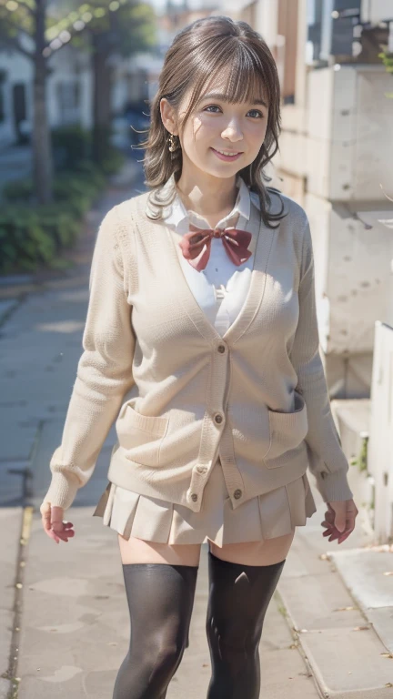 full body shot, from below,  Japanese woman with a viewing angle of, 78 years old,  detailed face , Facial wrinkles, Wrinkles around the eyes, smile,  detailed skin texture,  white skin,  heavy makeup ,  long hair, (curvy body, saggy breasts,  plump thighs), (earrings,  necklace, red bowtie, brown cardigan, red skirt, pleated skirt, micro miniskirt:1.2), (black thighhighs,  is wearing high heels:1.2), (Standing on the sidewalk,  photograph the whole body from toe to head:1.2), (surrealism, best quality, ultra detailed, absolutely resolution, 8k, anatomically correct), depth of field, looking at viewer, tachi-e, (kz), (1woman), full body,  detailed face  