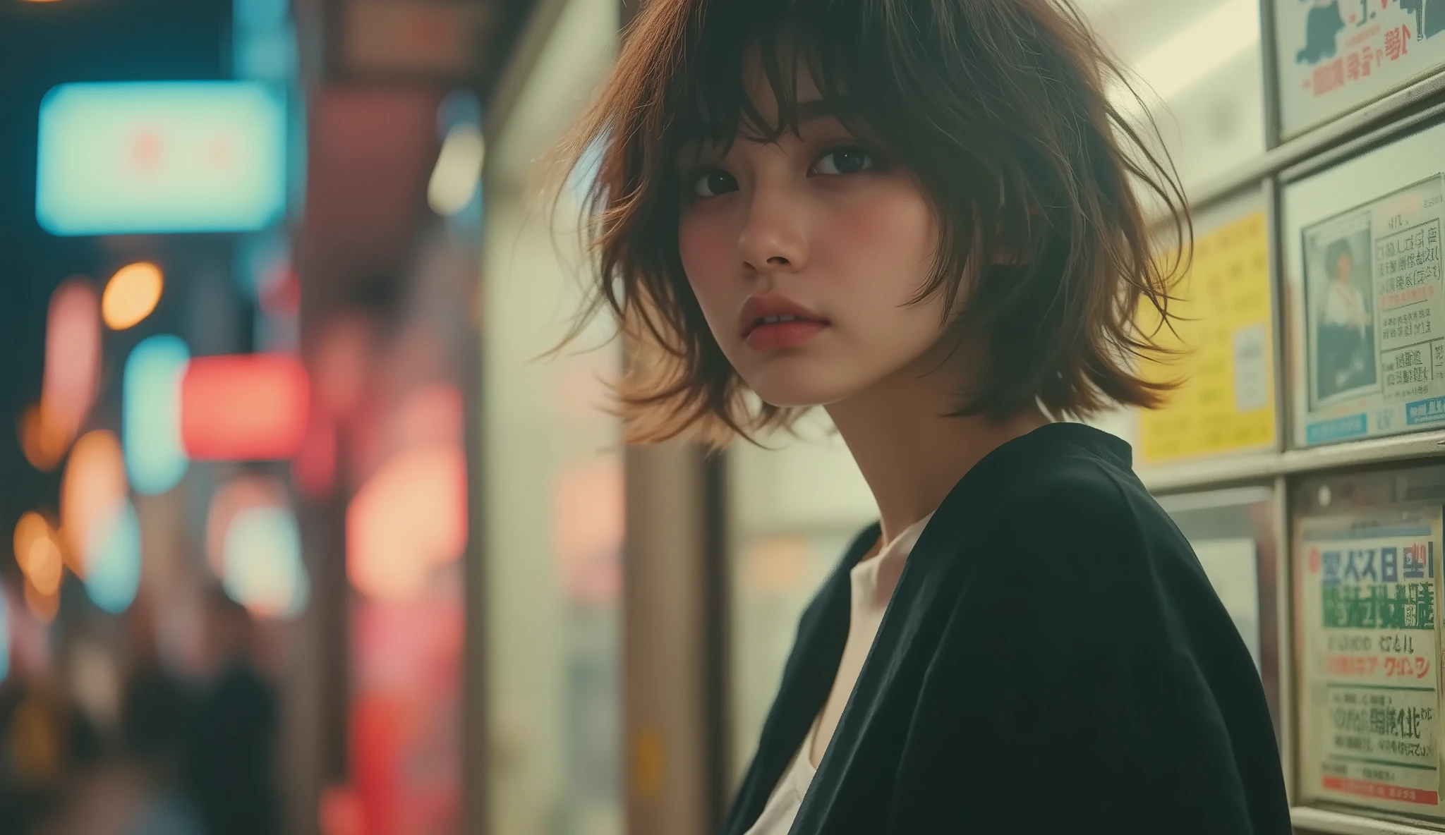 ( Perfect Composition , Proper placement, Golden Ratio, top quality, 8k, sharp concentration, depth of field, Best Shadow, Full Photo, high definition , realistic skin texture, Super Detailed Background ), 8k, high definition , {{Long Angle Shot}}, (( cyberpunk theme )), Alone, 1 beautiful Japanese woman, She has a sniper gun , She's a sniper , (Clear Eyes, white skin, Long brown hair is disheveled, anatomically correct proportions:1.331, flat chested:1.331, have small heads:1.331, Delgado, makeup, eyeliner , Shine), and she works in the futuristic city of Tokyo, evening , null, {{waning moon}}, wears an open front jacket , tank top in front of urinal, my breasts are exposed , Highlight the clevis,