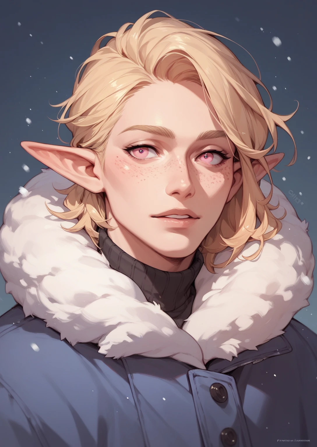 half-elf man with pale skin,he has bright blonde hair and pink tips, pink eyes. has freckles,pink winter outfit ,