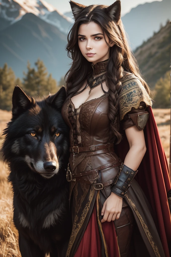  A cute woman with wavy brown hair,  dressed in a medieval leather outfit , clothes yellow with red , She wears a yellow noble cape ,  very pretty caressing a giant wild wolf Fenrir himself ,  in the mountains at sunrise , fierce and fearless,  her clothes are a mix of yellow and red ,  she caresses an impressive Black Wolf .  reflecting her connection with the hard land of Viladella .  She is ingenious and determined ,  with a strong work ethic and a deep respect for the effort required to survive in such a difficult environment. medieval era,  Middle Ages , wild and unknown terrain , a majestic wolf, strong woman.  a symbol of strength and unwavering loyalty .  her fur is black like the sky of the sky night and eyes shining with the wisdom of the ages — who is your true partner .  She stands next to a wolf almost as tall as a man when on her back legs ,  her powerful body undulating with muscles .  Her claws can tear through armor , 4K,  high resolution ,  masterpiece ,  best quality ,  sharp focus, ( cinematic lighting ), clavicle, [:(Face details 