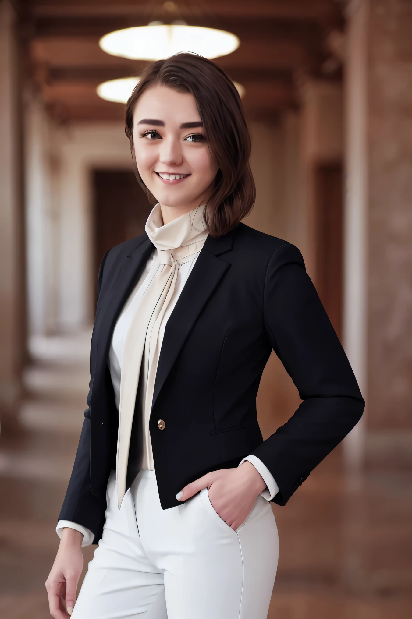 m41s13w, face, turtleneck woman in formal attractive suit tuxedo tailcoat standing in a large alcove in the room, 1girl, solo, necktie, brown hair, , medium hair, smile, jacket, looking at viewer, shirt, pants, blue necktie, collared shirt, white pants, white shirt, indoors, bangs, long sleeves, closed mouth, window, black jacket, blush, cowboy shot, formal, suit