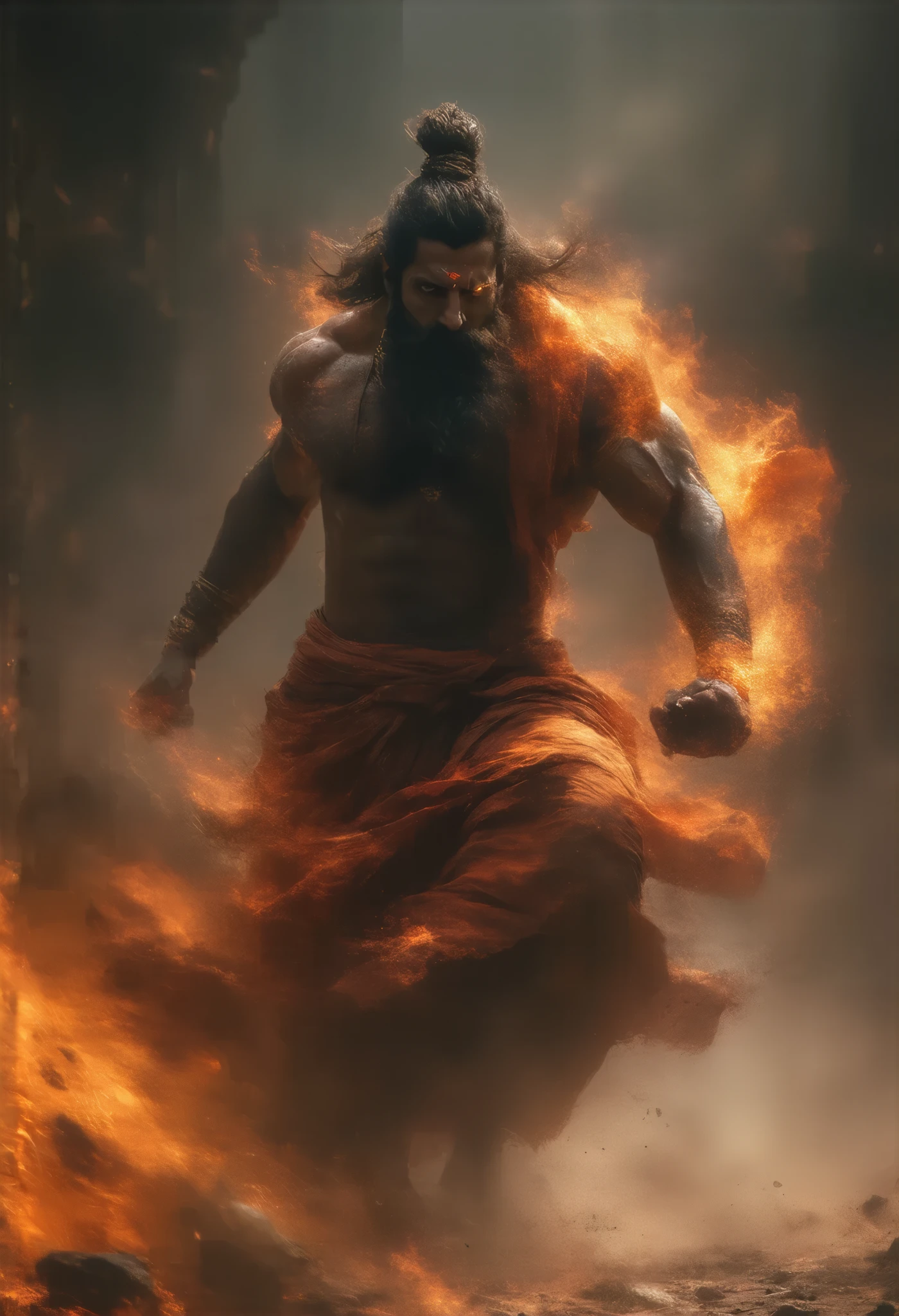 **Hanuman’s Tail Set on Fire**: Hanuman’s tail is wrapped in cloth and set on fire by Ravana’s orders. Despite the flames, Hanuman remains composed, with a knowing smile on his face. The scene is intense, with bright flames contrasting against the dark interior of Ravana’s court.