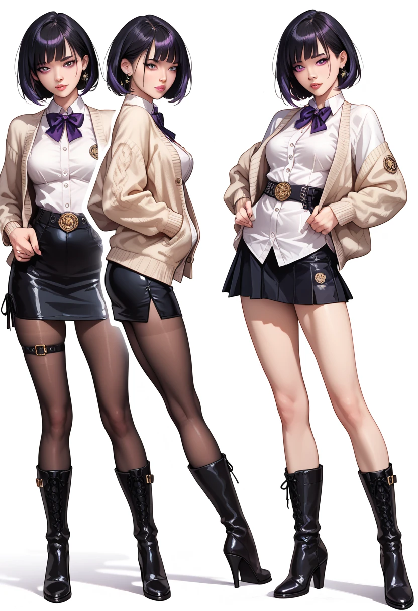 (( masterpiece fails,   background of the highest quality )),   detailed face,   character design  ,   full height,   1girl,  Asian appearance, dark eyes ,   black hair ,   short hair , ((  long straight hair  )), (   tight military white dress, Mini-skirt, lots of belts, cardigan,  black stocking,   black boots, gold and amethyst theme  ,   pale skin vomited,  full of details   ,  Lots of poses and expressions  ,   very detailed  , depth, many parts