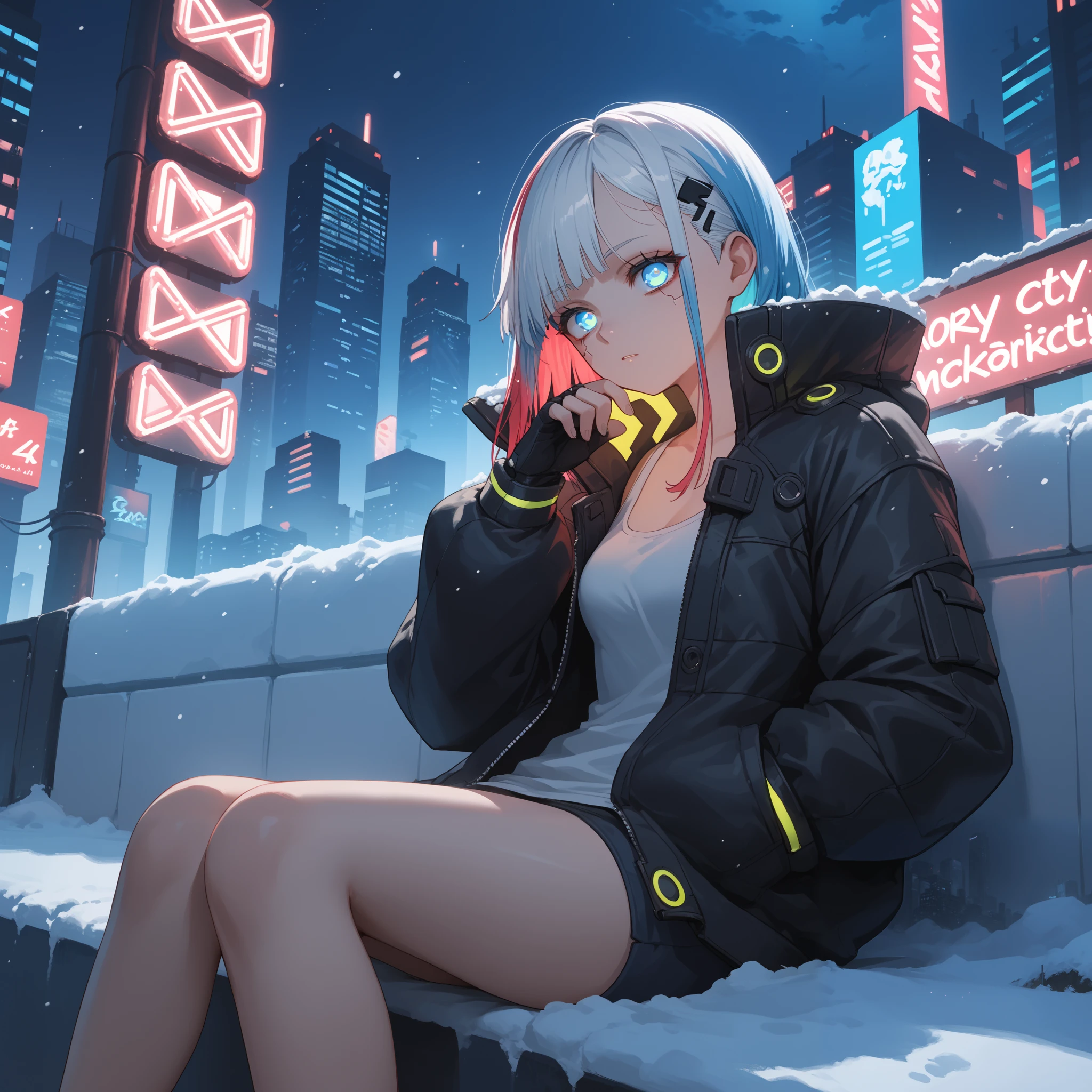 score_9, score_8_up, score_7_up, source_anime, BREAK, 1girl, cyberpunk, city, night, neon lights, multicolored hair, red and blue eyes, glowing eyes, sitting, flower, snow