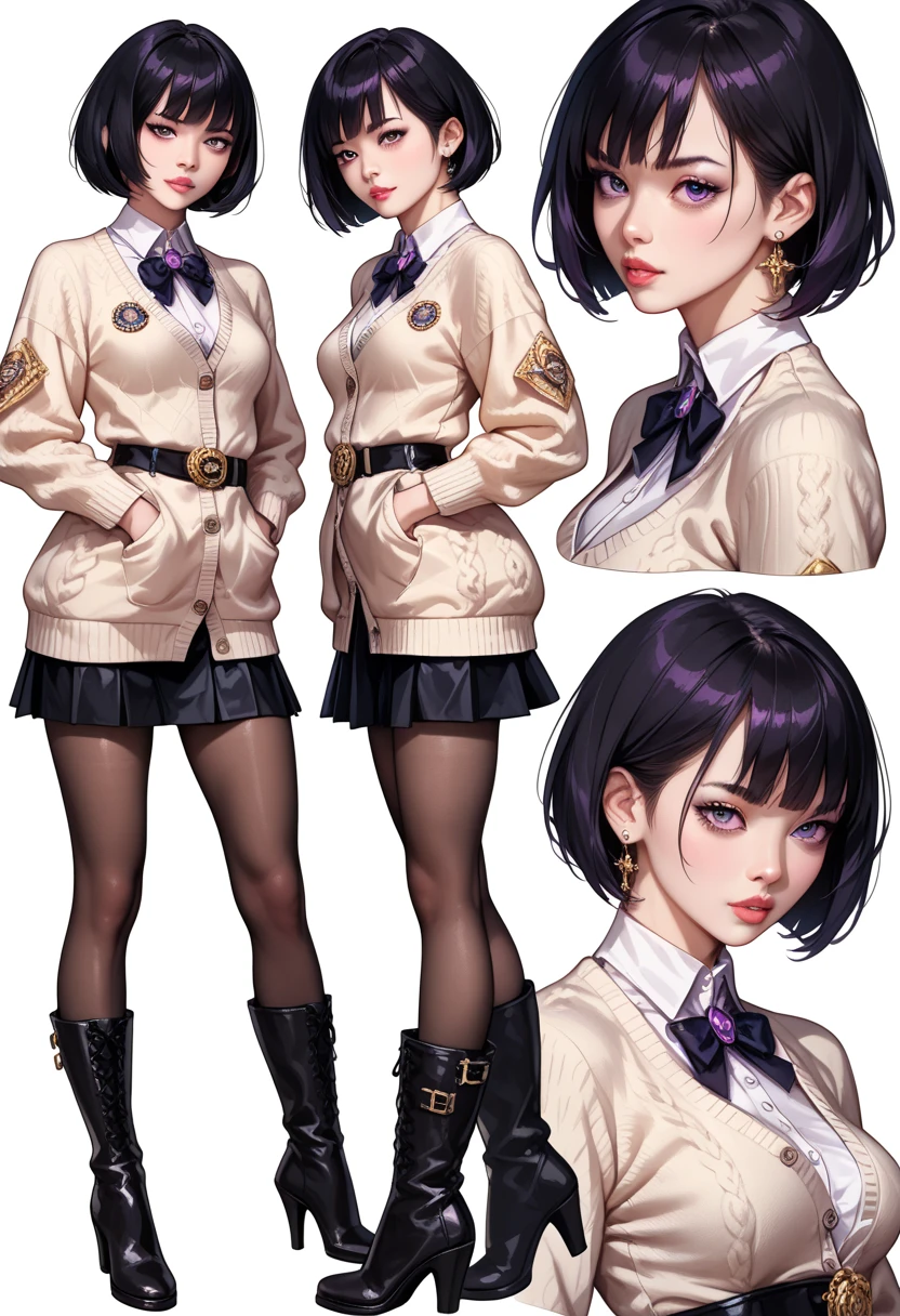 (( masterpiece fails,   background of the highest quality )),   detailed face,   character design  ,   full height,   1girl,  Asian appearance, dark eyes ,   black hair ,   short hair , ((  short hair  )), (   tight military white dress, Mini-skirt, lots of belts, cardigan,  black stocking,   black boots, gold and amethyst theme  ,   pale skin vomited,  full of details   ,  Lots of poses and expressions  ,   very detailed  , depth, many parts