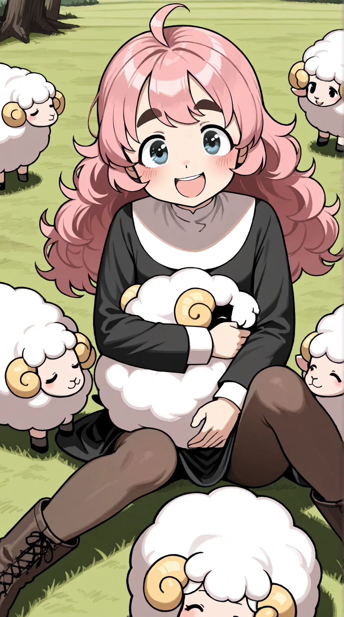  1 pretty girl,(masterpiece:1.3, top quality:1.3, very detailed depiction:1.3, incredible high resolution:1.3,High quality anime drawings),( pink hair, fluffy hair ,sheep毛のような髪の毛,Detailed eyes,Thick eyebrows, happy smiles),(Nuns,ラテックスのNunsの服, bodystocking , black tights, boots),grassland,sheep,