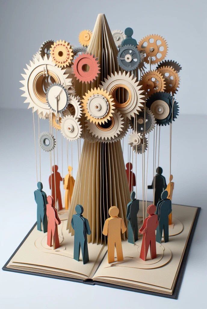 "Origami illustrating interconnected gears and individuals symbolizing decentralized decisions, inspired by Austrian economic principles."

