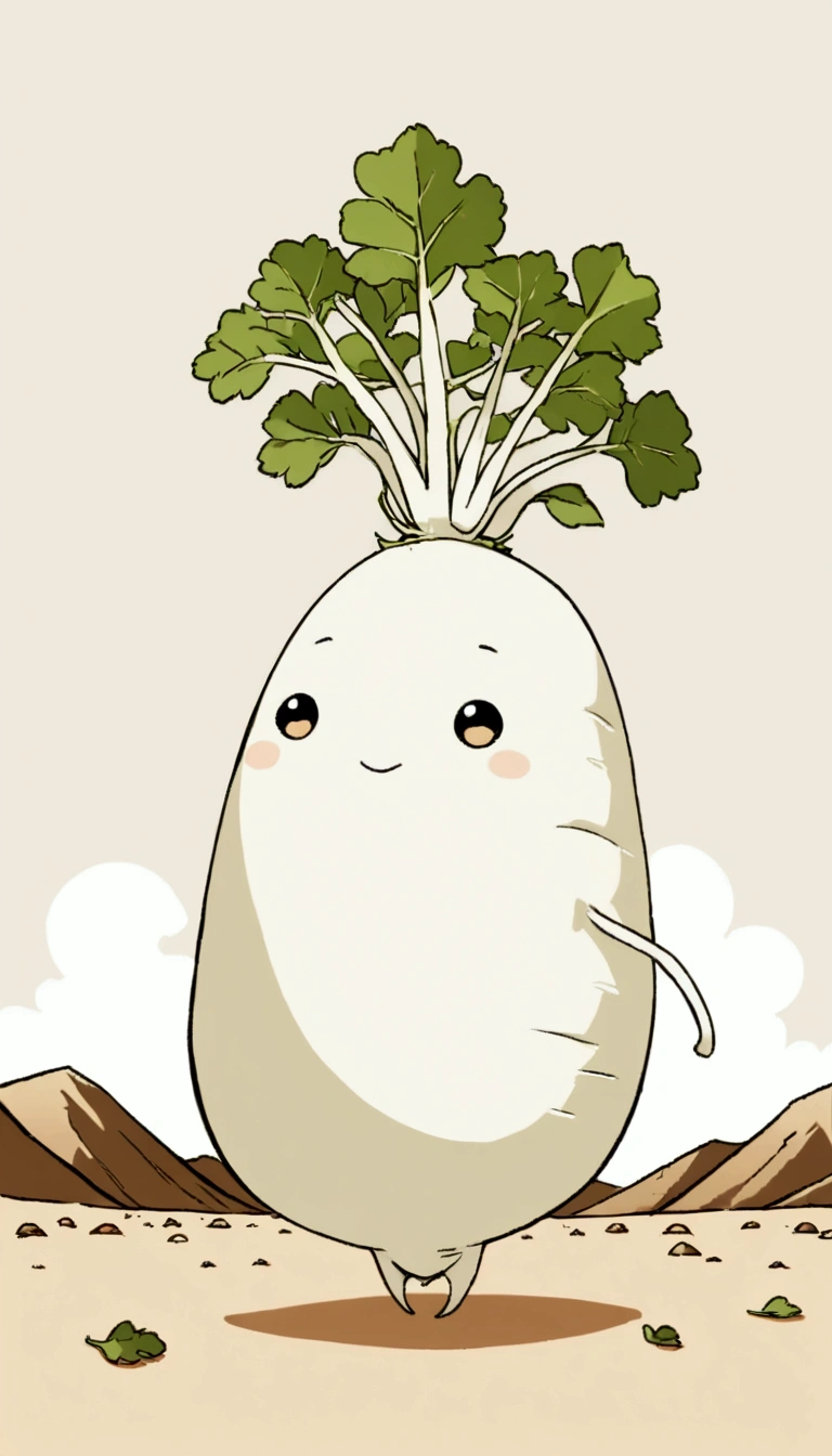 Moon looking at a daikon character(cute Japanese white radish character,it has leaves),desert, flat illustration, soft contrast , high image quality