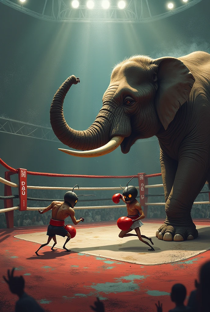 (Foreground: a small boy with his back turned), (background: a defeated elephant), the boy is wearing shorts and boxing gloves. perfect composition, masterpiece, best quality, [:cinematic lighting:.35] (third plane: solid color, photo studio style), Digital art of  <lora:Pavel_Sokov:1> , mixed with the art style of   <lora:Anna_Dittmann_Style_XL:1>