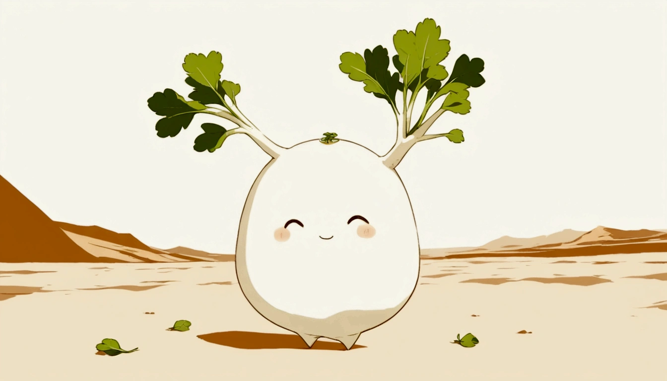 
Moon looking at a daikon character(cute Japanese white radish character,it has leaves),desert, flat illustration, soft contrast , high image quality