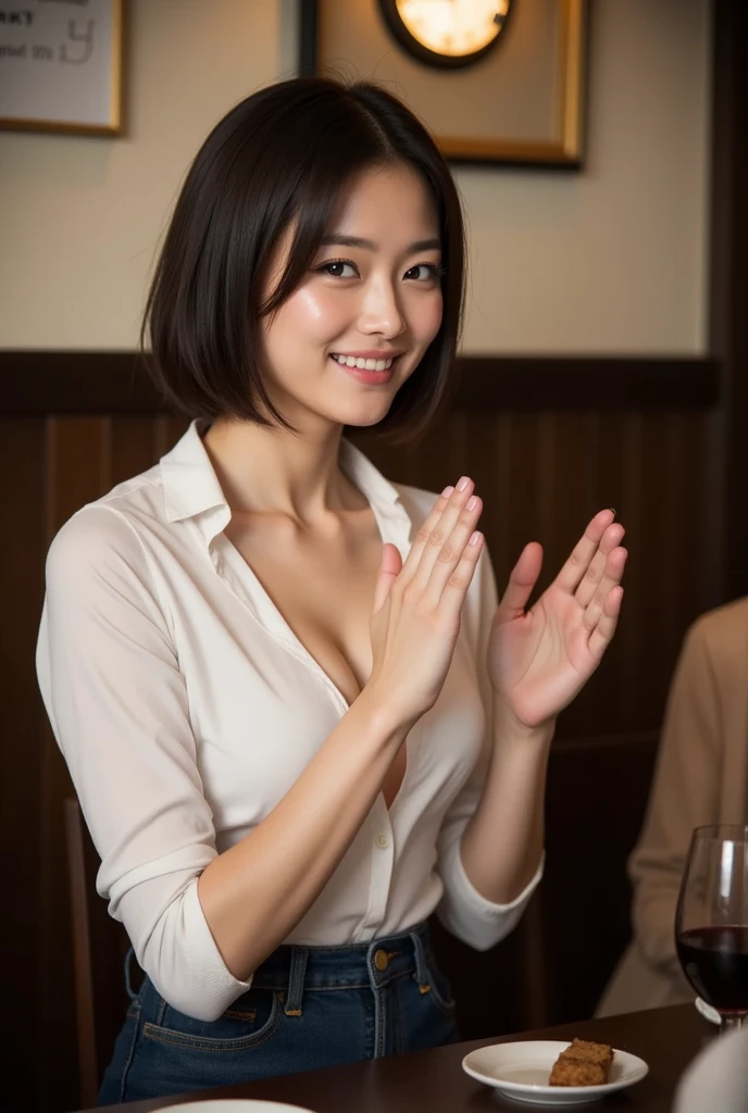  1 girl, alone,  high definition , chest ,  anatomically correct, Japanese wife 、45 years old、short hair、 Unbuttoned shirt on the chest、 tight skirt that sits at the crotch、Izakaya、 I'm laughing whistling in conversation with my friend、Clap your hands and laugh 