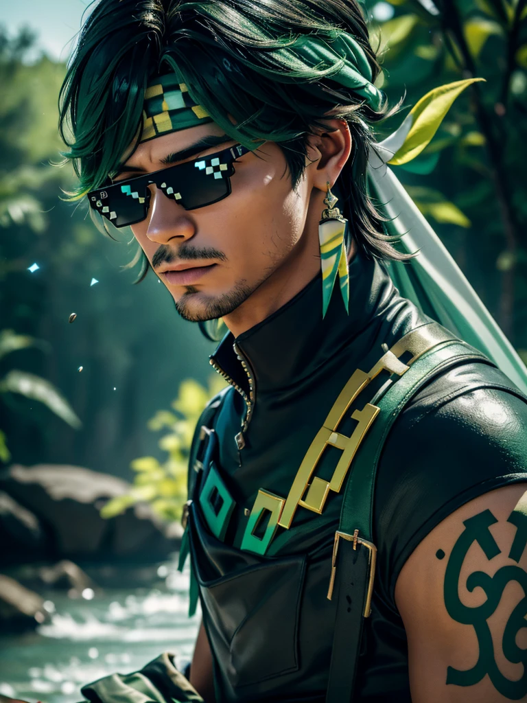 A adult man in realistic portrait of high quality and detail, mexican man, 20yo, Kinich (Genshin Impact), he's wearing a pixel sunglasses, Deal with it Meme, Light tanned skin. Greenish-yellow eyes. Disheveled blue-black hair with green streaks. The left hand with a tattoo in green ink. Decorated black gloves on both hands. A green bandana on the head with two white feathers with yellow and green tips tucked in the back. A jumper tied around the waist. Long white-lime-green earrings in each ear. Loose baggy green trousers with blue and orange inserts. Black boots with green, blue and gold inserts. athletic body, Movie style, light atmosphere, happy look, glow, eye shadow, 1man, Depth & Perspective, fine face, He sitting on the stone coach, outdoors, waterfall on background, day time, looking at viewer, (ultra-high detail:1.2), Masterpiece, Best Quality, Ultra-detailed, Cinematic lighting, 8K, delicate features, cinematic, 35 mm lens, f/1.9, highlight lighting, global lighting –uplight –v 4, cinematic, Cinematic lighting, 8K, high quality, Highest Quality, (Solo Focus), (extremly intricate:1.3), (Realistic), masterful, Analog style, (Film grain:1.5), (cold tone)