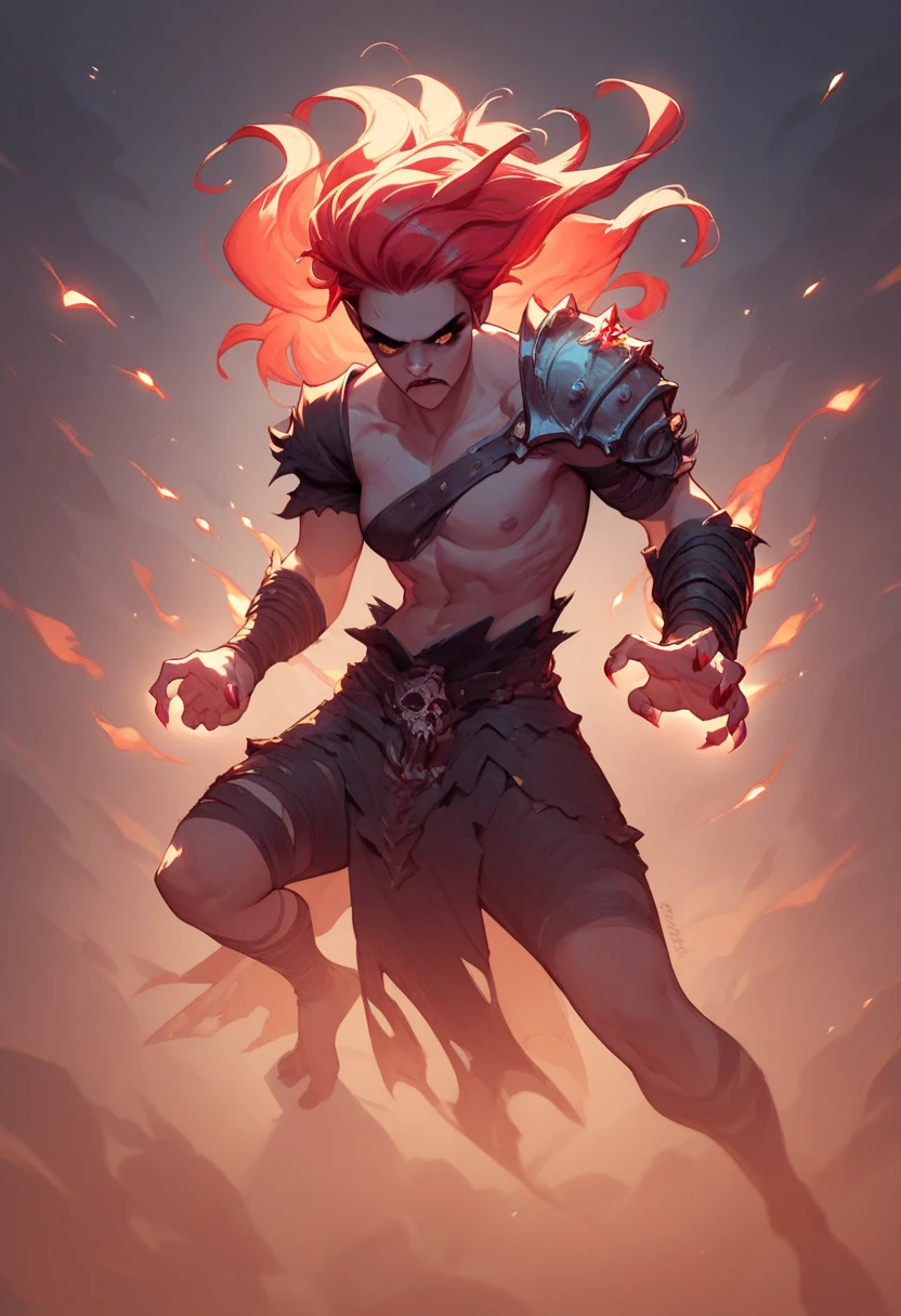 red-haired barbarian vampire, dramatic pose,  illuminated scene , gloomy and depressing atmosphere,  intense atmosphere ,  dark aura fiery aura