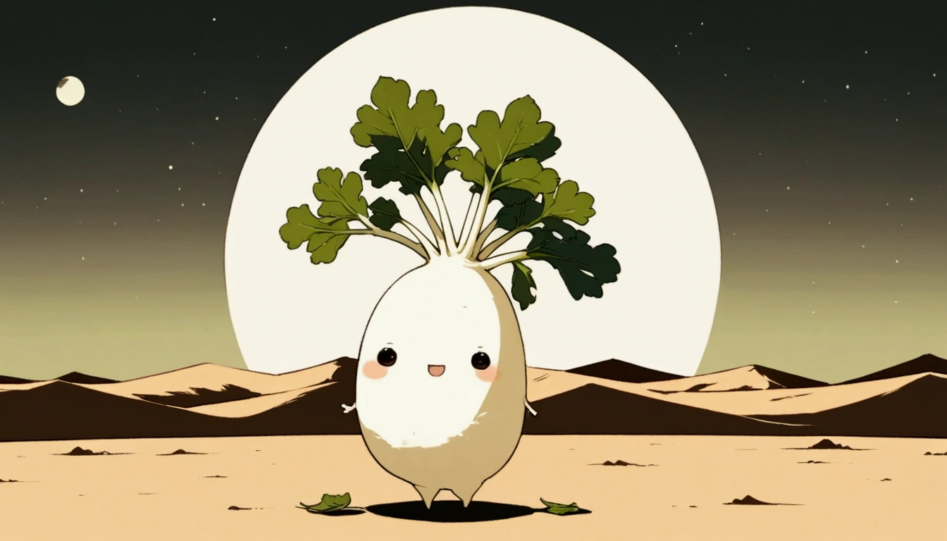 little two daikon characters(cute Japanese white radish character,it has leaves),desert,full moon, flat illustration, soft contrast , high image quality