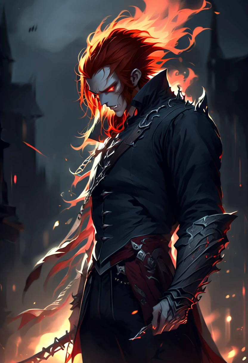 red-haired vampire warrior , dramatic pose,  illuminated scene , gloomy and depressing atmosphere,  intense atmosphere ,  dark aura fiery aura