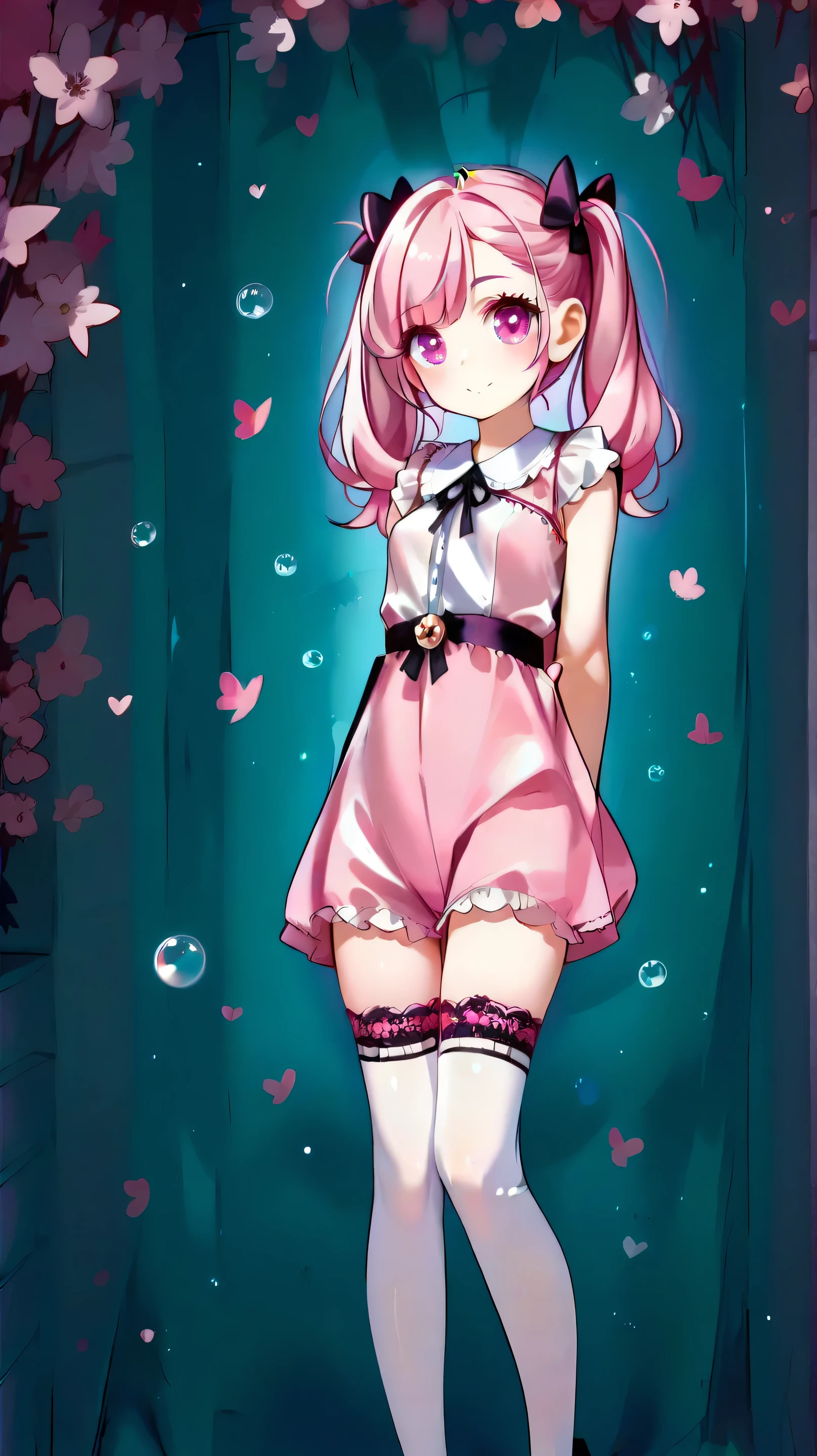 cute girl, breasts, big expressive eyes, cute face, soft skin, pink hair, pigtails, pink lace lingerie, bows, thigh highs, arms behind back, straight on, facing viewer,