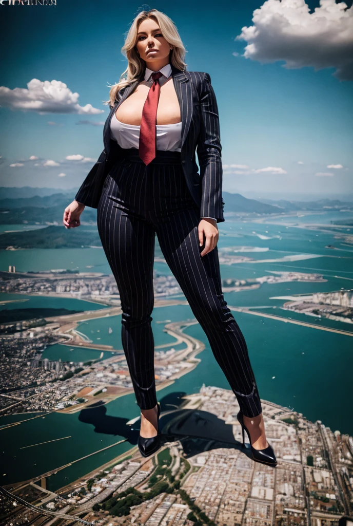 Giantess art, 100 miles tall giga giantess, sophisticated and stylish woman in a light black italian pinstriped trouser suit, form fitting crisp white office shirt, and a large wide red necktie in a windsor knot, with a beautiful, curvaceous figure, large natural breasts, and long wavey blonde hair, with a curvaceous figure and massive breasts. wearing red rounded court high heels with uncovered feet and standing, rampage-like pose, with a cityscape background of mega-city, urban sprawl, and small towns, partially obscured by a hazy, cloudy atmosphere. The image is a high-resolution, masterpiece-quality, cinematic, ultra-detailed, and hyper-photorealistic photograph, with perfect hands, face, and lighting. ultra-detailed, 8K, photo-realistic, hyper-realistic, masterpiece, intricate details, full body view. Looking at camera, The image is a high-resolution, masterpiece-quality, cinematic, ultra-detailed, and hyper-photorealistic photograph, with perfect hands, face, and lighting. ultra-detailed, 8K, photo-realistic, hyper-realistic, masterpiece, intricate details, full body view, view from below