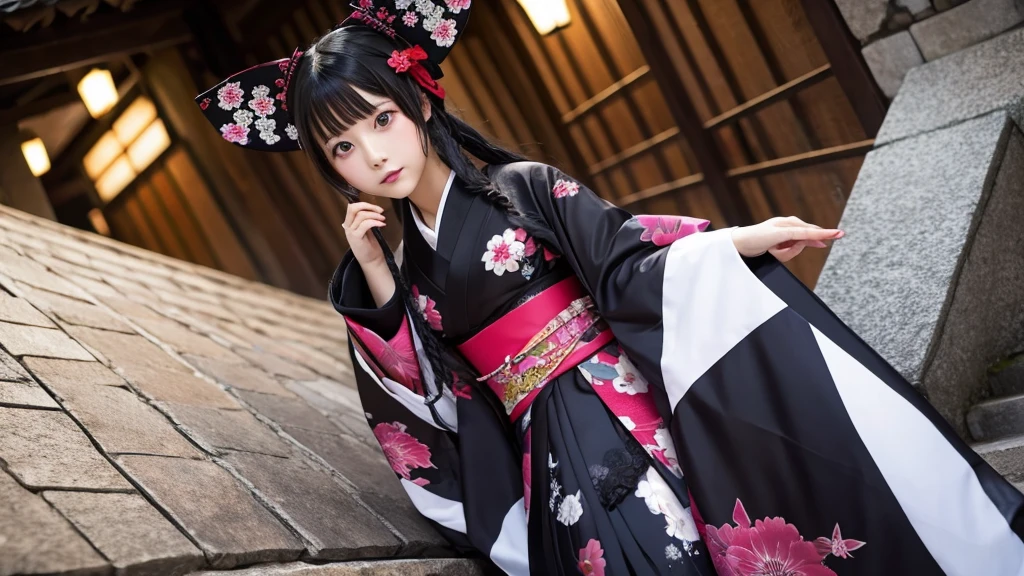 Doll, Japan, Wear a kimono, hand holding devil mask, small cherry blossoms, ghostly, Illusion, Japanese girl