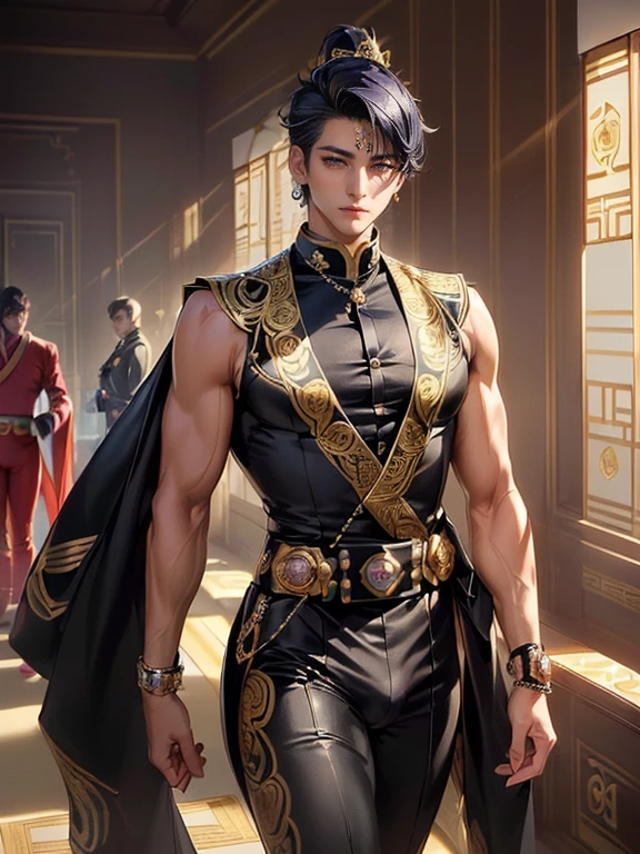 (masterpiece,best quality,ultra_detailed,highres,absurdres), (detailed shadow), (quality light), 1 (mature_idol_male:2.2) (korean_courtesan_super_sentai:1.5) (with bulge:1.8), 15-ish, (muscleale focus), (solo:1.5), short black Quiff hair with Soft Fringe (bangs part on side 3:7 ratio), blue_eyes (detailed eyes), androgynous young beautiful pretty cute elegant (korean_male_courtesan_super_sentai) (in modern_luxury_jeweled_ornamented_patterned_colored_male_courtesan_super_sentai_uniform with top and bottom:2.1) is (walking on modern_luxury_korean_entertainment_quarters:1.9), (eyelashes), (thigh_gap), pectorals, (wide_flat_chest, wide_shoulders:1.9), (big_wide_hips, big_wide_pelvis:1.8), (warm_smile:1.2), (thin_waist, dented_waist, waist_narrower_and_thinner_than_neck:1.8), (en_face, side_view:1.1), (swayback, curvy_waist, arched_back), short hair, looking at viewer, parted lips, ((PERFECT_FACE)), ((finely_detailed_beautiful_eyes_and_detailed_face)), (best_illumination, best_shadow, an_extremely_delicate_and_beautiful)