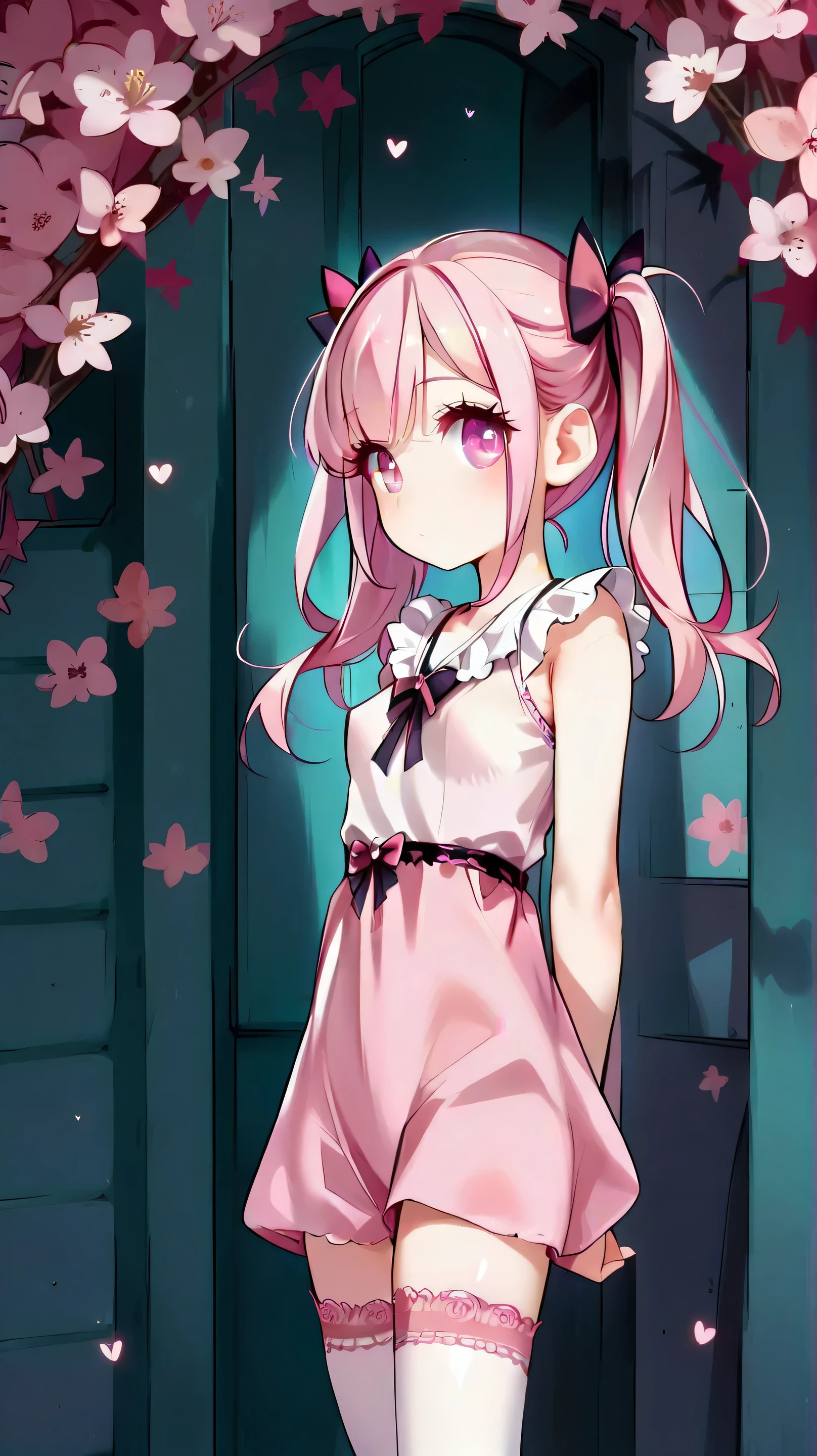 cute girl, breasts, big expressive eyes, cute face, soft skin, pink hair, pigtails, pink lace lingerie, bows, thigh highs, arms behind back, straight on, facing viewer,