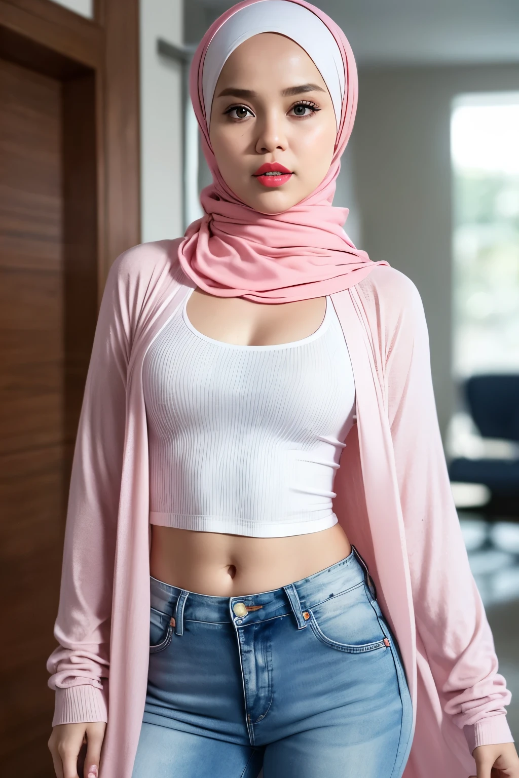 Wearing pink long Cardigan, white crop top, navy jeans, Very cute and ****-like face, Very cute and ****-like face, G-String Naked, Angry pose, Angry face, (((HIJAB MALAY GIRL))), masutepiece, High quality, UHD 45K, Realistic face, Realistic skin feeling , A Malay Lady, , , Very cute and ****-like face, (((FLAT CHEST))), (MATRIX WORLD), ((look In front at the camera and SADNESS)), (((PINK LONG CARDIGAN, WHITE CROP TOP, NAVY JEANS))), (((CUTE GIRL))), ((RED LIPS)), girl in the edge abandoned swimming pool.