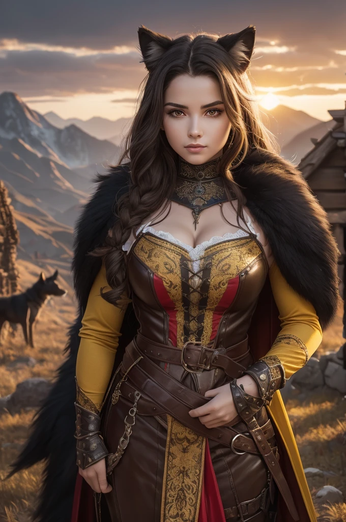  A cute woman with wavy brown hair,  dressed in a medieval leather outfit , clothes yellow with red , She wears a yellow noble cape ,  very pretty caressing a giant wild wolf Fenrir himself ,  in the mountains at sunrise , fierce and fearless,  her clothes are a mix of yellow and red ,  she caresses an impressive Black Wolf .  reflecting her connection with the hard land of Viladella .  She is ingenious and determined ,  with a strong work ethic and a deep respect for the effort required to survive in such a difficult environment. medieval era,  Middle Ages , wild and unknown terrain , a majestic wolf, Strong woman with a yellow cape.  a symbol of strength and unwavering loyalty .  her fur is black like the sky of the sky night and eyes shining with the wisdom of the ages — who is your true partner .  She stands next to a wolf almost as tall as a man when on her back legs ,  her powerful body undulating with muscles .  Her claws can tear through armor , 4K,  high resolution,  masterpiece ,  best quality ,  sharp focus, ( cinematic lighting )