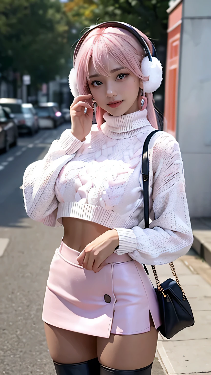 Non-NSFW、 realistic 、Top quality、 top quality、 masterpiece 、 super high resolution 、 realistic 、 face light 、 Smooth Professional Lighting 、 when you look at the camera 、Alone、 (blue eyes:1.4), (Hair dyed pink:1.4), (pink Hair:1.4), bracelet , large earrings for women、ars old、 beautiful women、 realistic 肌、(brown skin:1.3)、 Perfect Model Figure、 beautiful eyes 、 big eyes、model hand 、 model finger、 Unnoticeable under-eye bags、(slim figure), (white Cropped knit sweater with a high neck:1.5)、(Earmuff:1.5), (black leather skirt:1.3), ( Hide your nipples :1.2), (smile:1.3)、iris、 no underwear, in the city, autumn, small butt, (Big Breasts:1.3), (Black leather long boots:1.2), (standing:1.3), Königsreuter, handbag, Navel piercing, (cute posing:1.1)