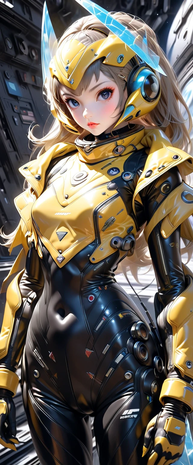 a girl, thunder yellow jacket, tight suit,Space helm of the 1960s,and the anime series G Force of the 1980s,Darf Punk wlop glossy skin, ultrarealistic sweet girl, space helm 60s, holographic, holographic texture, the style of wlop, space,