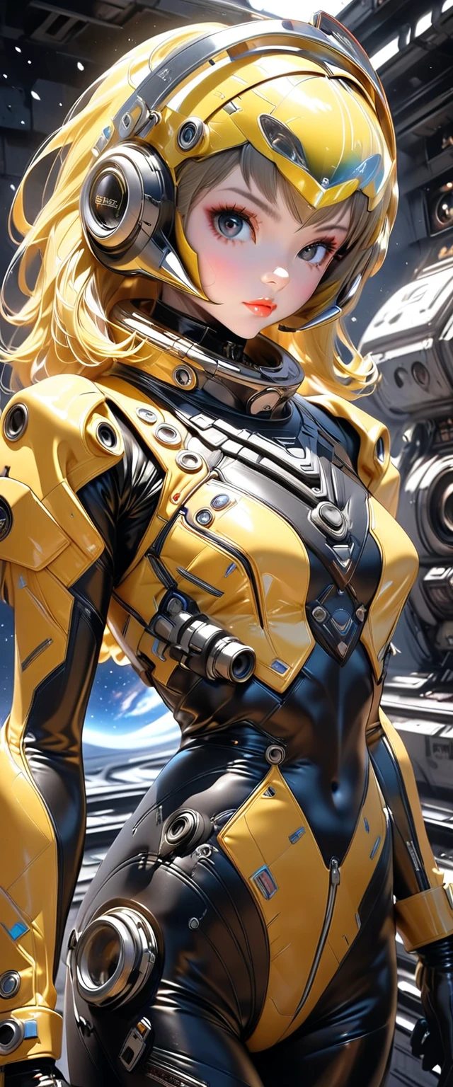 a girl, thunder yellow jacket, tight suit,Space helm of the 1960s,and the anime series G Force of the 1980s,Darf Punk wlop glossy skin, ultrarealistic sweet girl, space helm 60s, holographic, holographic texture, the style of wlop, space,