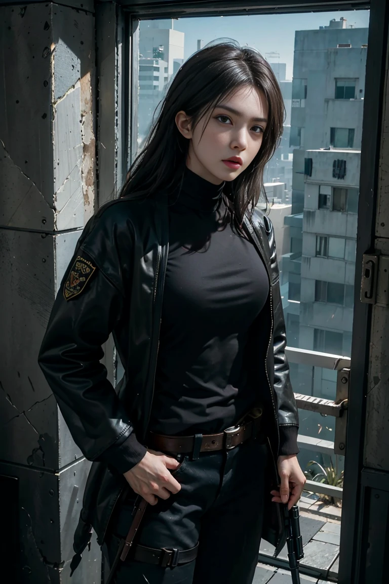 a very beautiful, attractive, slim, athletic, tomboy,military woman, short red spiky wavy hair, dark brown eyes, light brown skin, cut on the lip, black t-shirt with a wide neckline, black military jacket, black soldier pants,