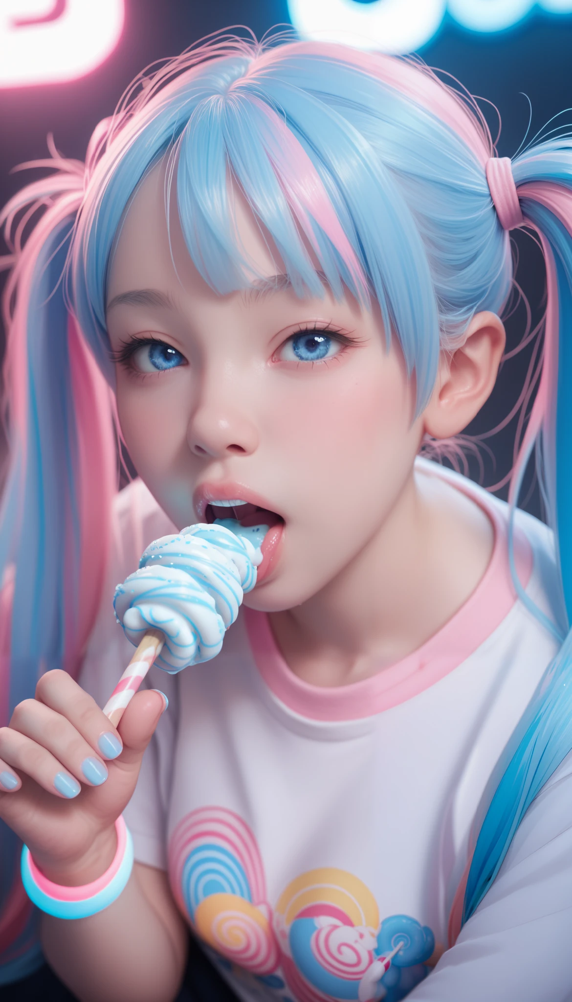 score_9_up, score_8_up, score_7_up, score_6_up, 1girl, solo, pastel colors, open mouth, middle hair, felatio , deep throat, blue ice candy ,twintails, looking at viewer, blue eyes, pastel neon lighting, source_anime, neon, neon theme , 